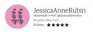 Image including shop name, number of sales, rating, and shop location for Jessica Anne Rubin.
